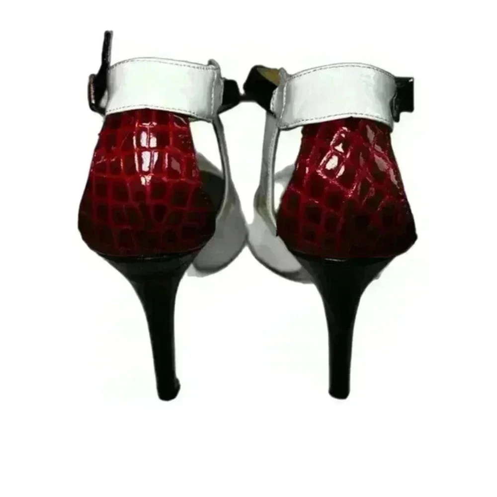 Jimmy Choo White Patent Leather w Black Ankle Strap Snakeskin Heel Pumps Size 39
